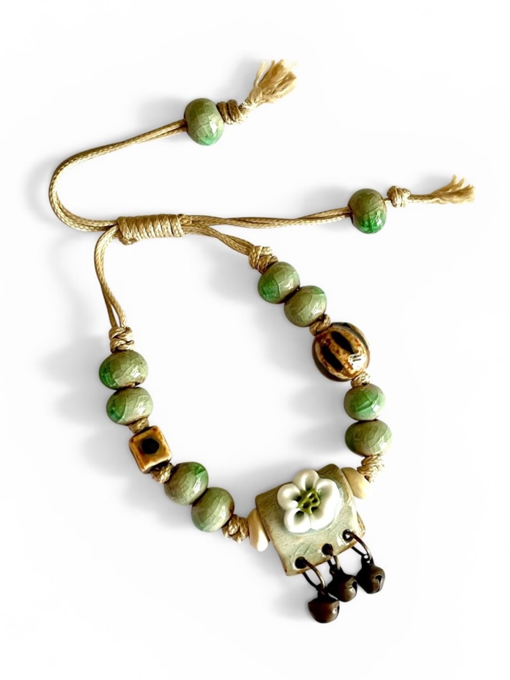 Green Ceramic Beaded Bracelet with Flower Charm